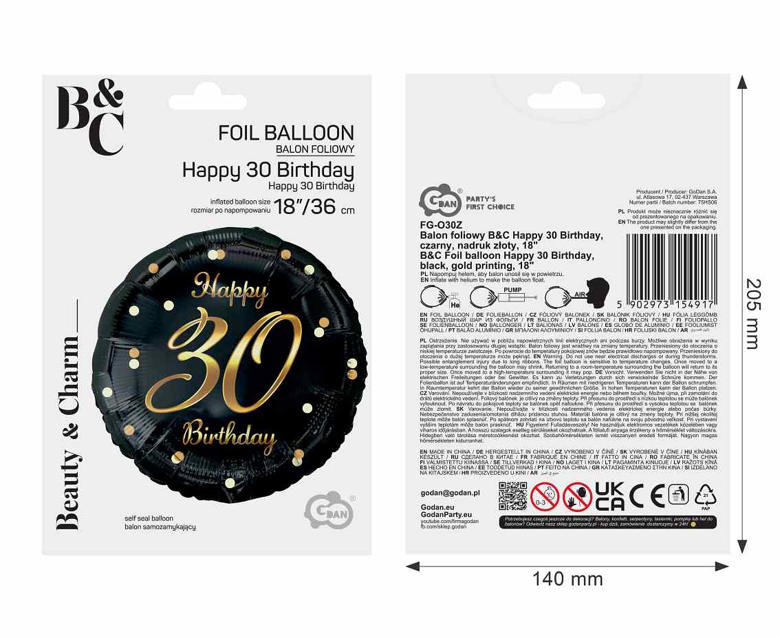 Balon foliowy Happy 30 Birthday czarny nadruk złoty 18" FG-O30Z GoDan